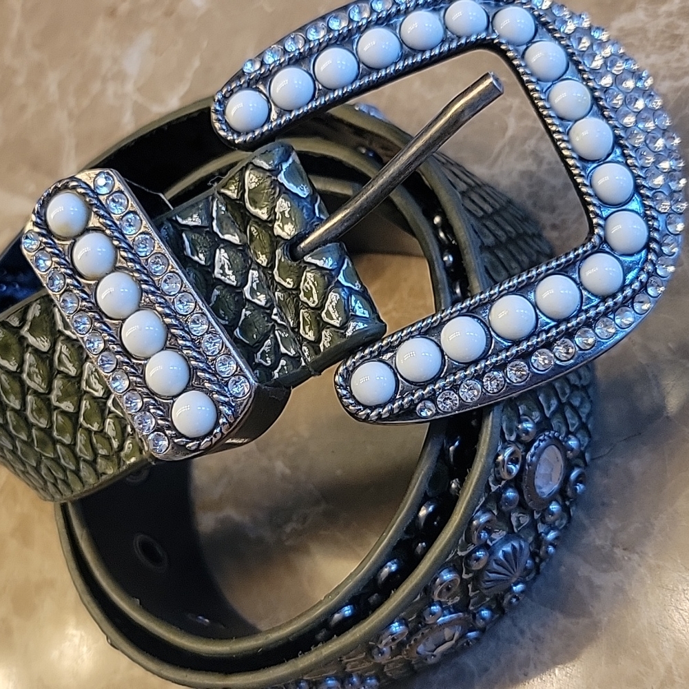 Faux Snakeskin Leather Embellished Belt, M